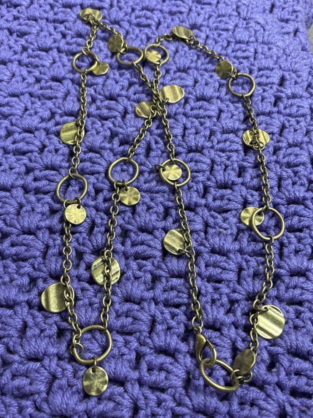 Vintage Premier Designs Antiqued Goldtone Chain Necklace Hammered Disks 42 in